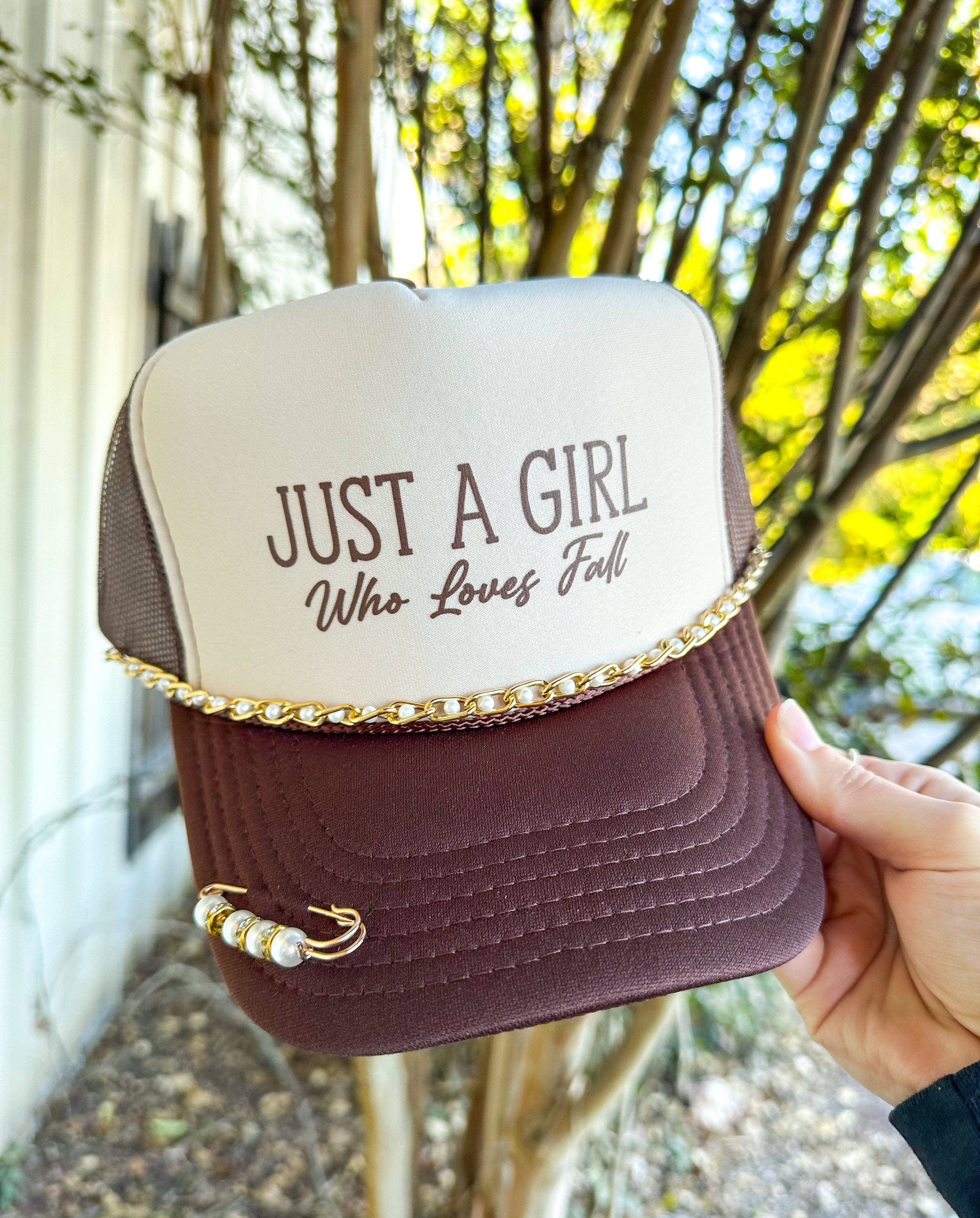 Just A Girl Who Loves Fall Tan/Brown Trucker Hat: WITH CHAIN