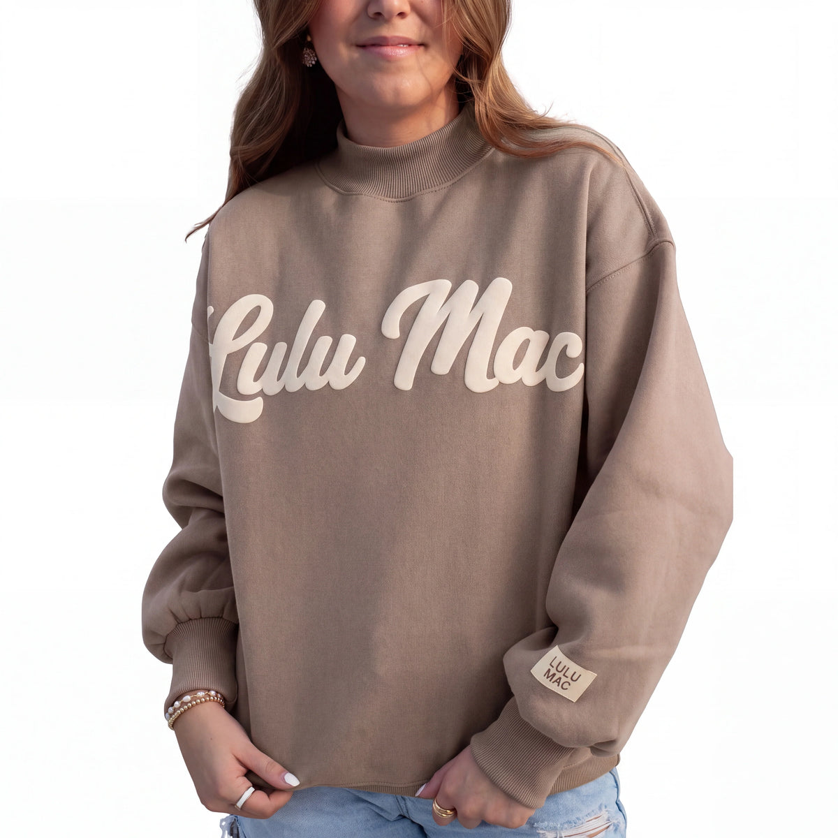 Lulu Mac-Brown Mock Neck Sweatshirt/Cream Script