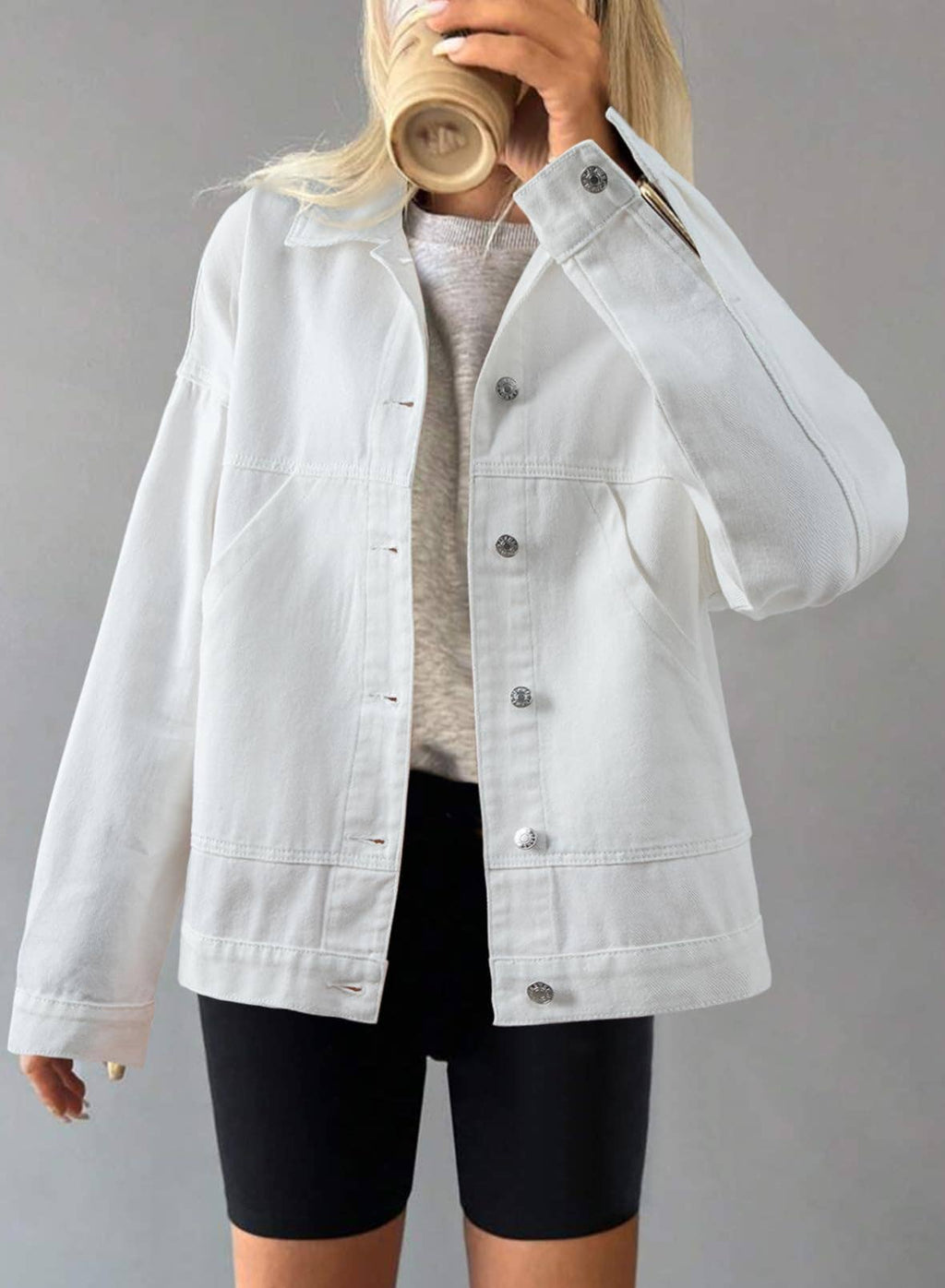 Retro loose Pocket polo neck Denim Jacket: Light blue / M