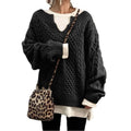 Women Cable Knit Sweater Casual Ribbed Pattern Knit Top: Black / L