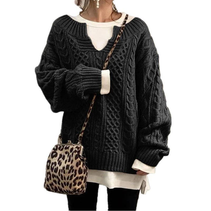 Women Cable Knit Sweater Casual Ribbed Pattern Knit Top: Black / L