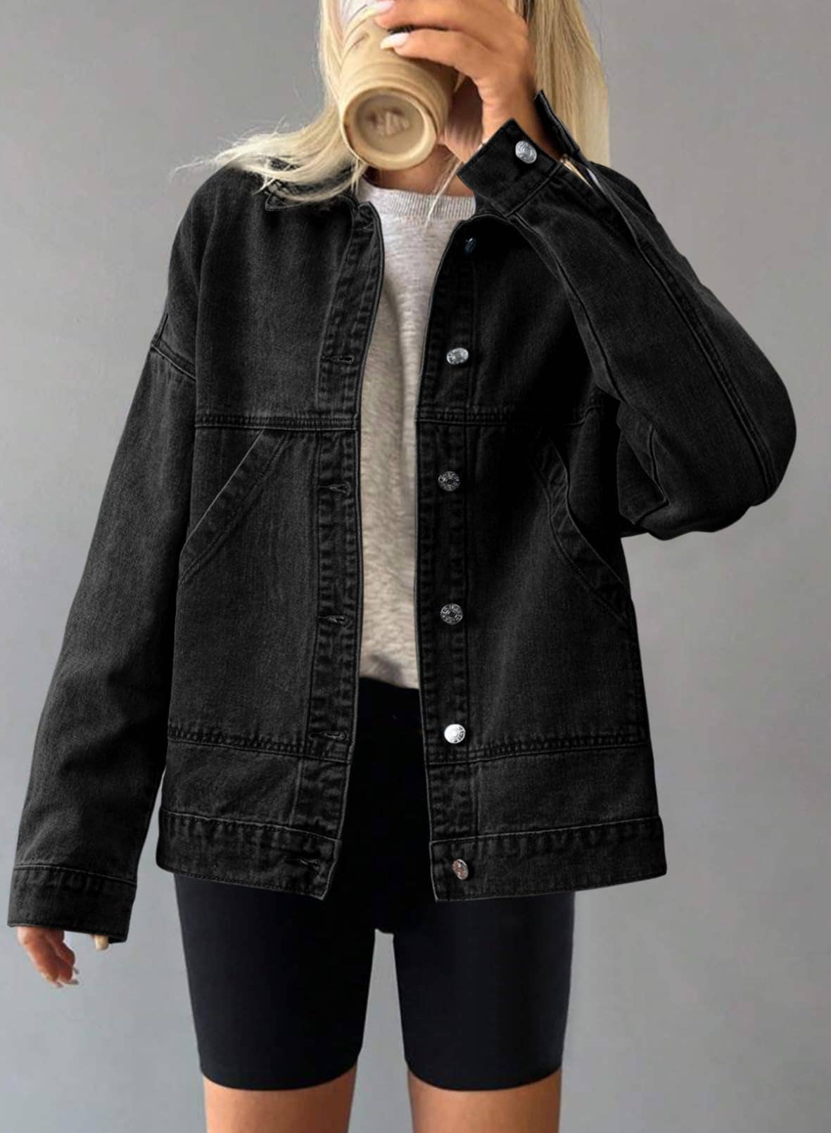 Retro loose Pocket polo neck Denim Jacket: Light blue / M