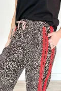 Brown Wild Leopard Print Contrast Lace Striped Detail Drawstring Pants