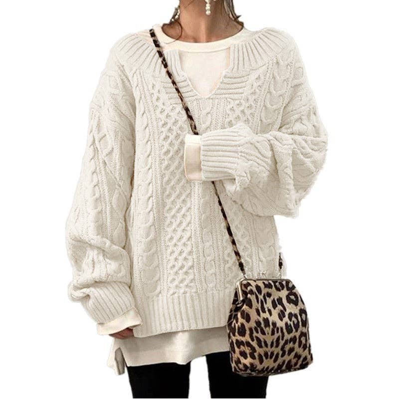 Women Cable Knit Sweater Casual Ribbed Pattern Knit Top: Black / L