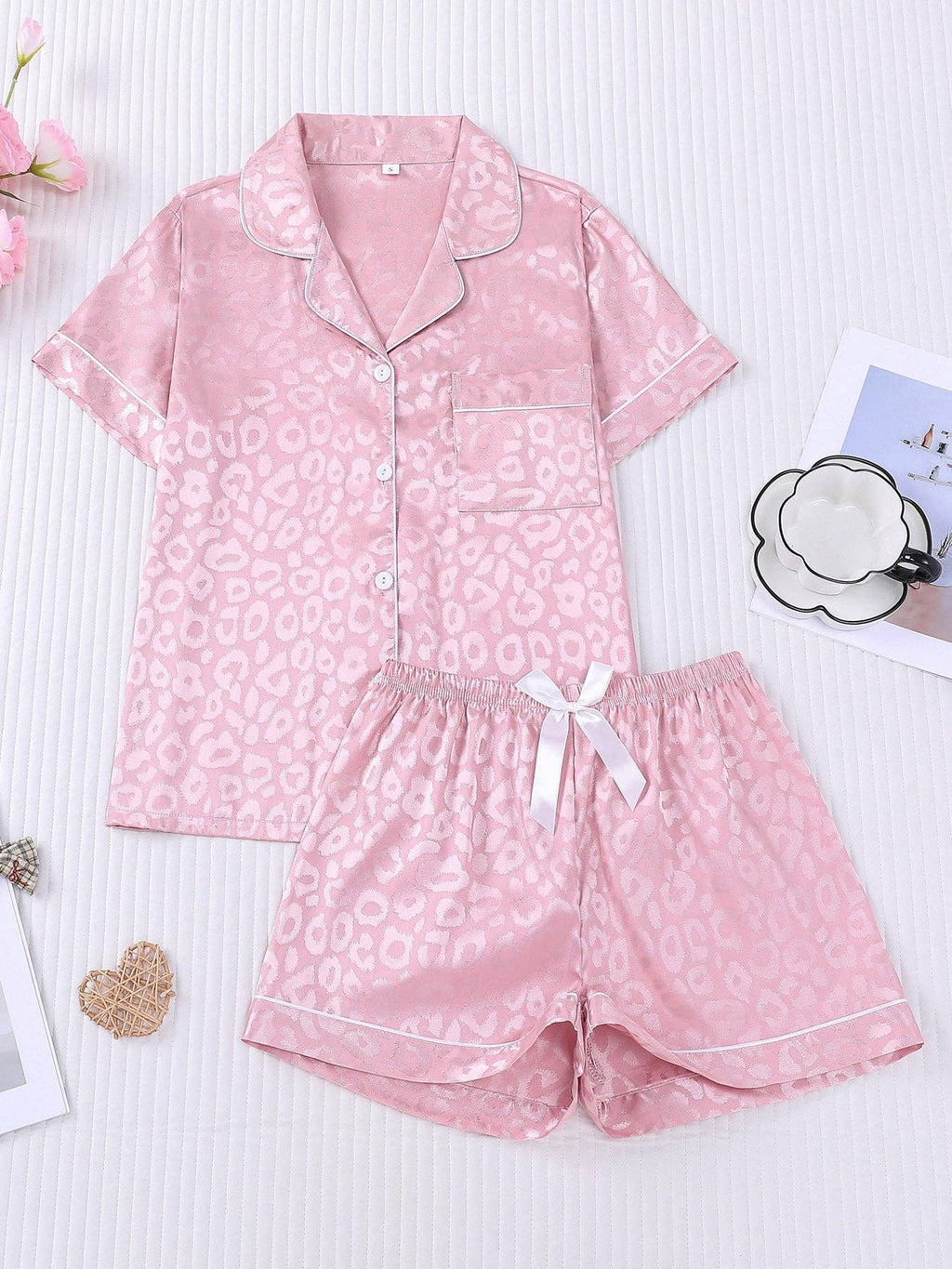 Leopard Print Silky Pajama Set: Black