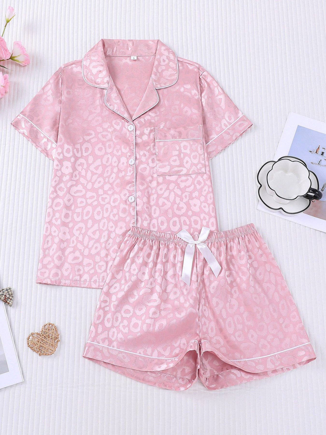 Leopard Print Silky Pajama Set: Black
