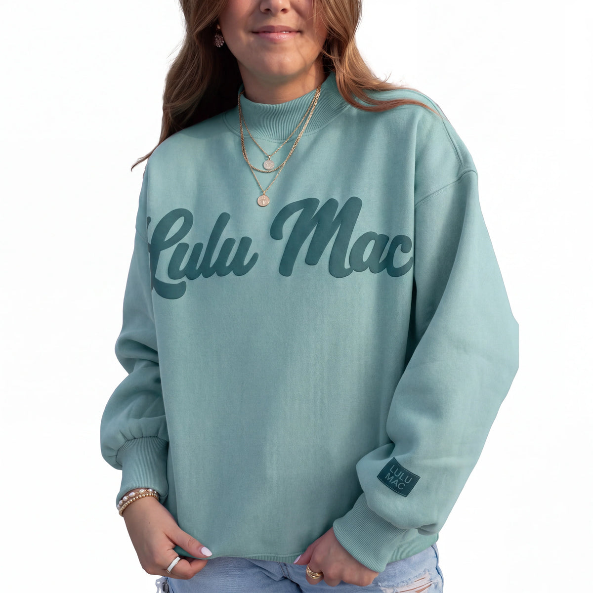 Lulu Mac-Green Mock Neck Sweatshirt/Green Script