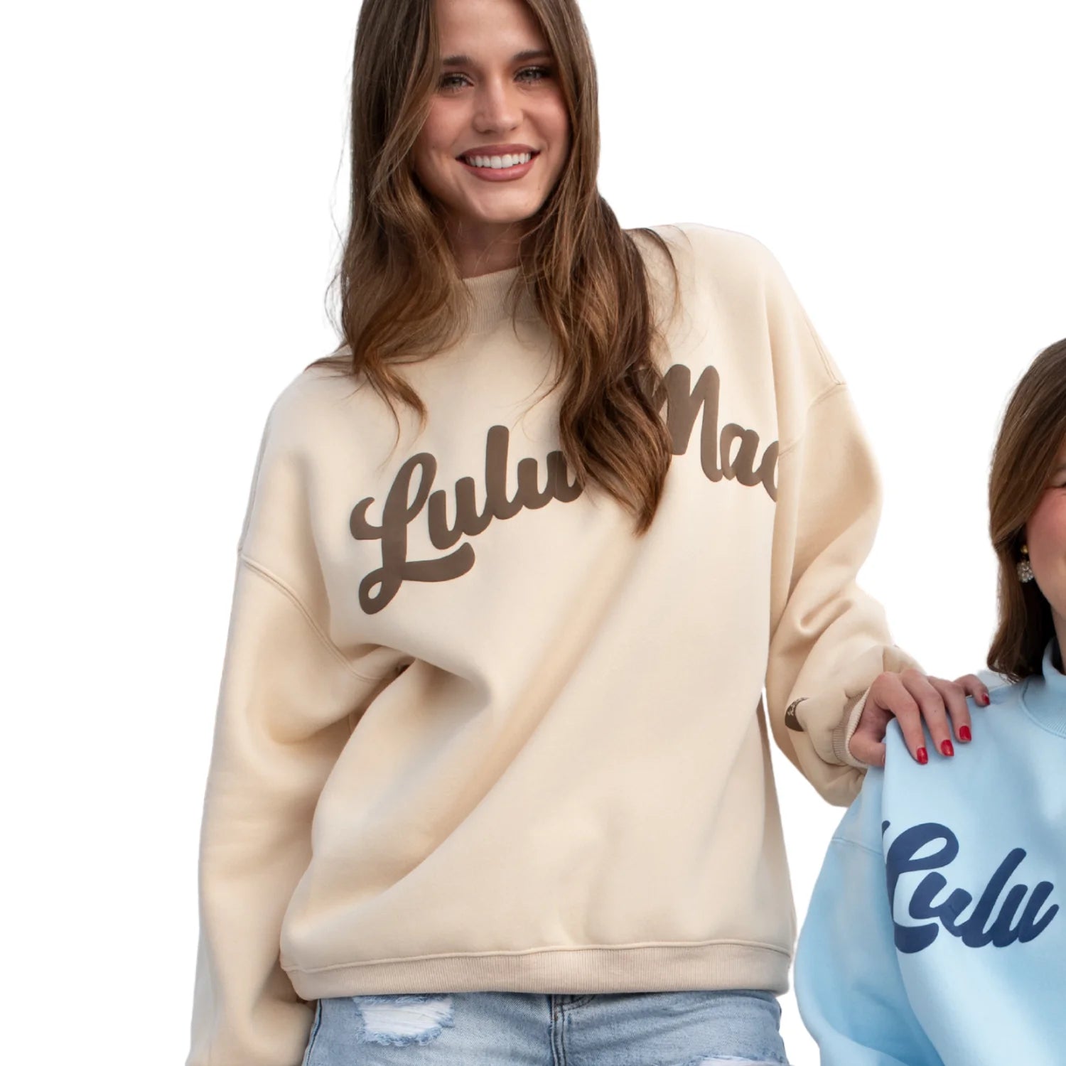 Lulu Mac-Cream Mock Neck Sweatshirt/Brown Script